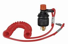 Marine emergency cut-off switch with lanyard, cut-out can also be operated with lanyard clip in place by pressing knob.